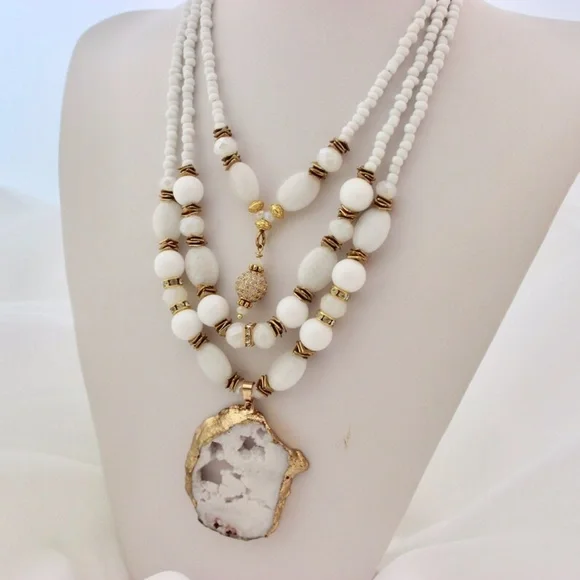 White Gold Bronze Druzy Pendant Necklace, Multi Layers White Stone Crystals Neck - Picture 8 of 10
